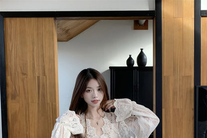 Asymmetrical Fringe Henley Sweater and Crinkle Maxi Skirt Set