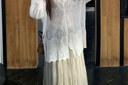 Asymmetrical Fringe Henley Sweater and Crinkle Maxi Skirt Set