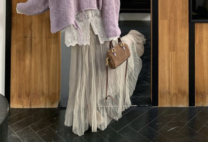 Asymmetrical Fringe Henley Sweater and Crinkle Maxi Skirt Set