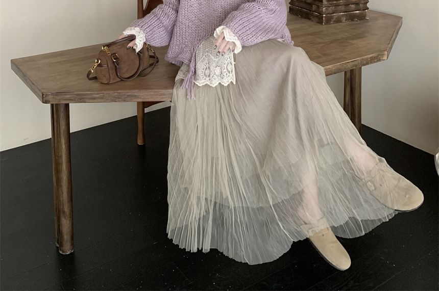 Asymmetrical Fringe Henley Sweater and Crinkle Maxi Skirt Set