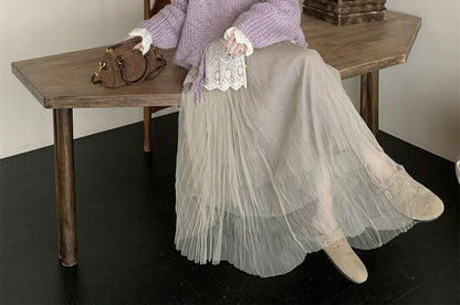 Asymmetrical Fringe Henley Sweater and Crinkle Maxi Skirt Set
