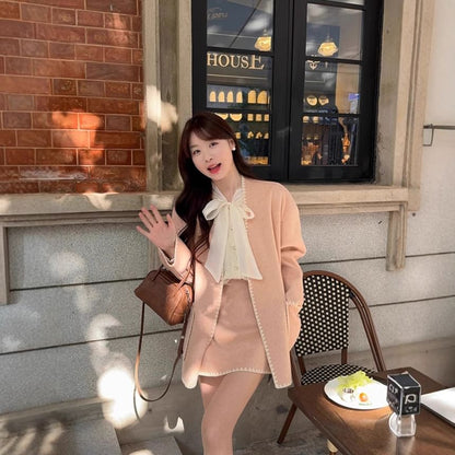 Faux Pearl Fringed Blouse with Tie Neck & Contrast Jacket plus Mini Skirt