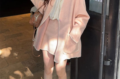 Faux Pearl Fringed Blouse with Tie Neck & Contrast Jacket plus Mini Skirt