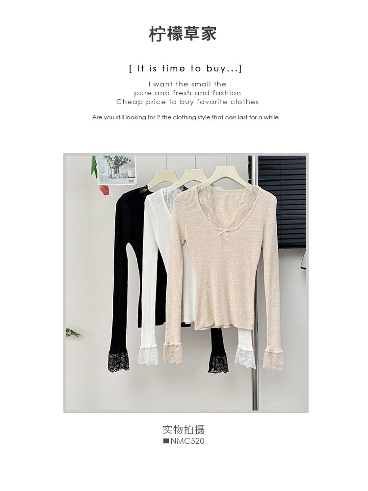 Ribbed V-Neck Blouse with Lace Accent