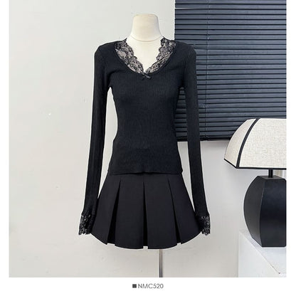 Ribbed V-Neck Blouse with Lace Accent