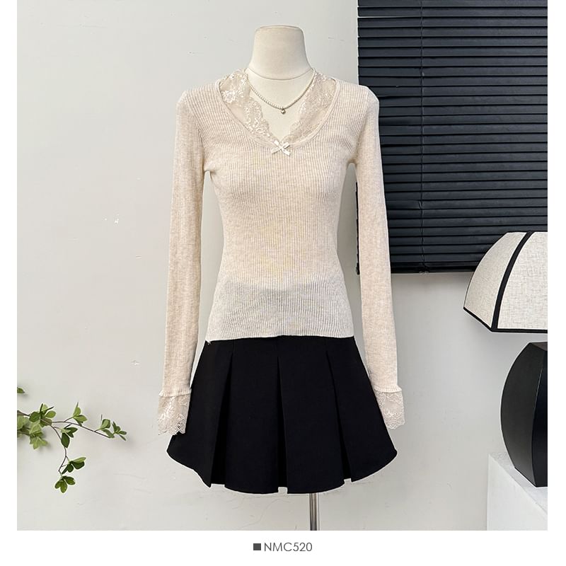 Ribbed V-Neck Blouse with Lace Accent