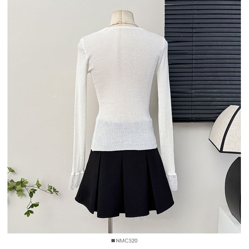 Ribbed V-Neck Blouse with Lace Accent