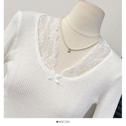Ribbed V-Neck Blouse with Lace Accent