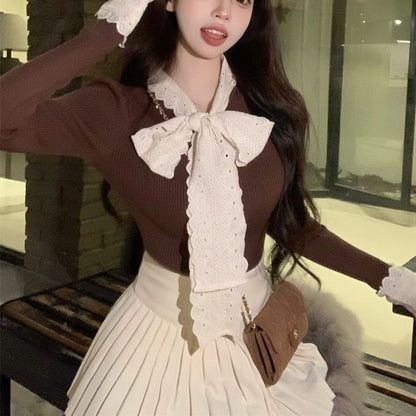 Tie-Front Lace Panel Fitted Long-Sleeve Knit Top