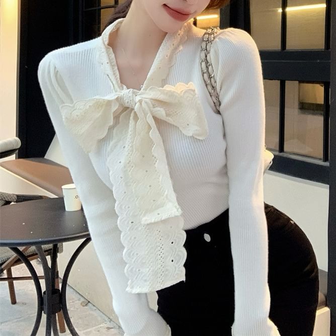 Tie-Front Lace Panel Fitted Long-Sleeve Knit Top