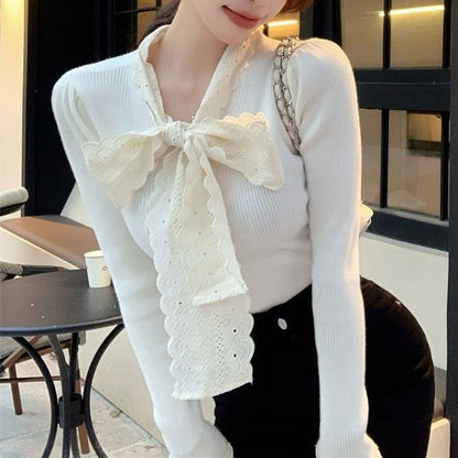 Tie-Front Lace Panel Fitted Long-Sleeve Knit Top