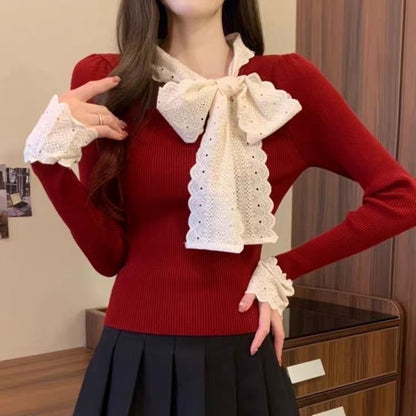 Tie-Front Lace Panel Fitted Long-Sleeve Knit Top