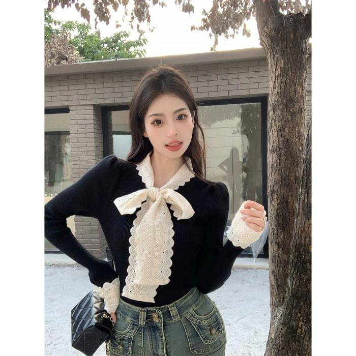 Tie-Front Lace Panel Fitted Long-Sleeve Knit Top