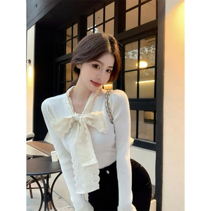 Tie-Front Lace Panel Fitted Long-Sleeve Knit Top