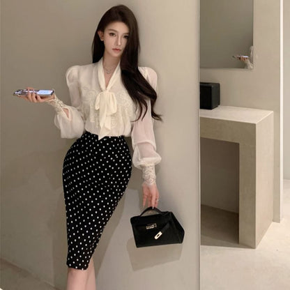 Tie-Neck Lace Blouse with High-Waist Dot Pencil Skirt