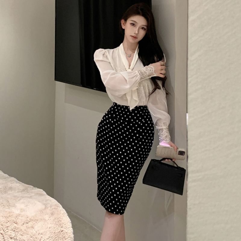 Tie-Neck Lace Blouse with High-Waist Dot Pencil Skirt