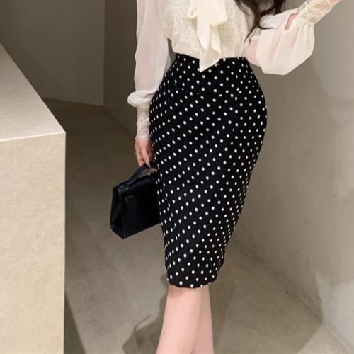 Tie-Neck Lace Blouse with High-Waist Dot Pencil Skirt