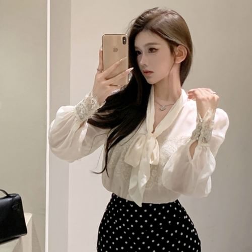 Tie-Neck Lace Blouse with High-Waist Dot Pencil Skirt