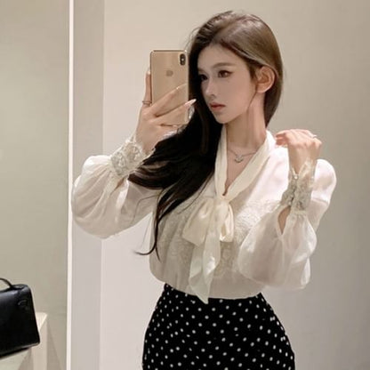 Tie-Neck Lace Blouse with High-Waist Dot Pencil Skirt