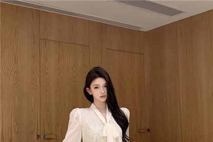 Tie-Neck Lace Blouse with High-Waist Dot Pencil Skirt