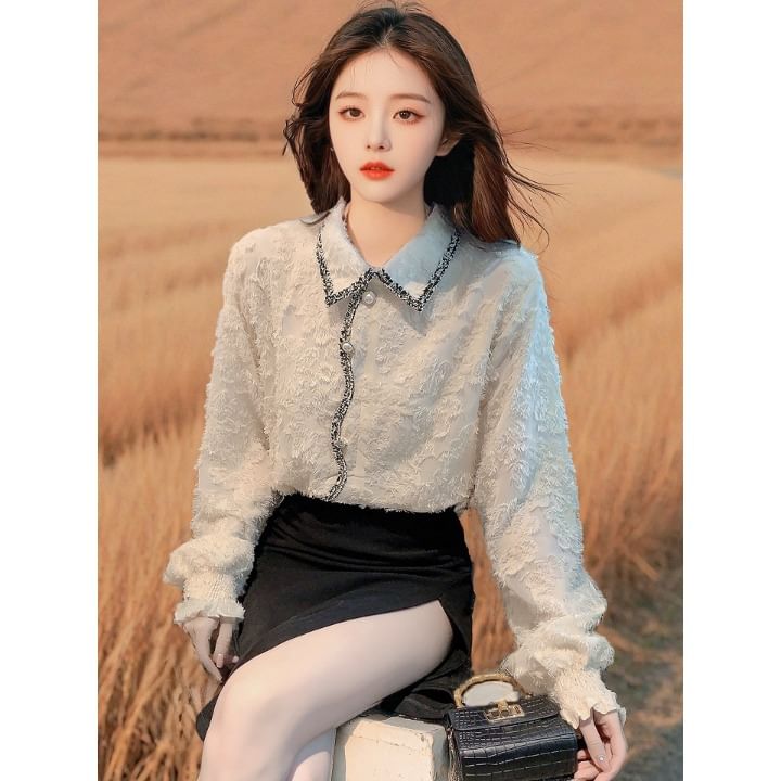 Elegant Frilled Lace Long-Sleeve Shirt
