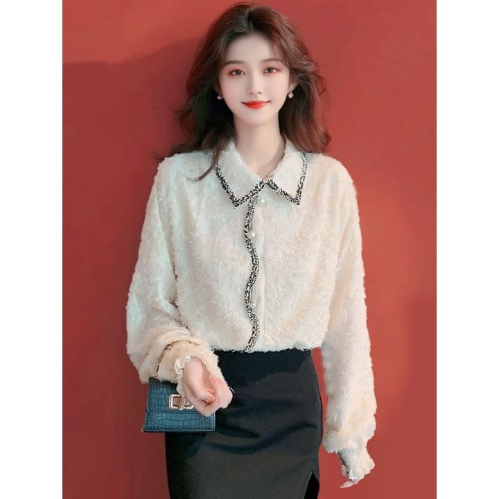 Elegant Frilled Lace Long-Sleeve Shirt