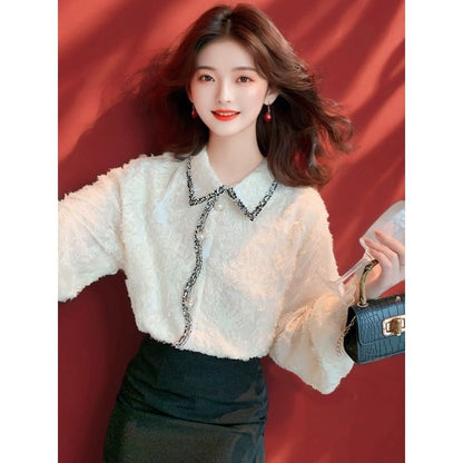 Elegant Frilled Lace Long-Sleeve Shirt