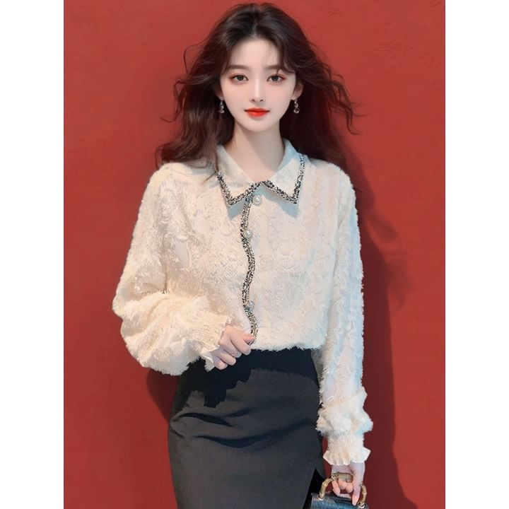 Elegant Frilled Lace Long-Sleeve Shirt
