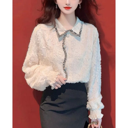 Elegant Frilled Lace Long-Sleeve Shirt