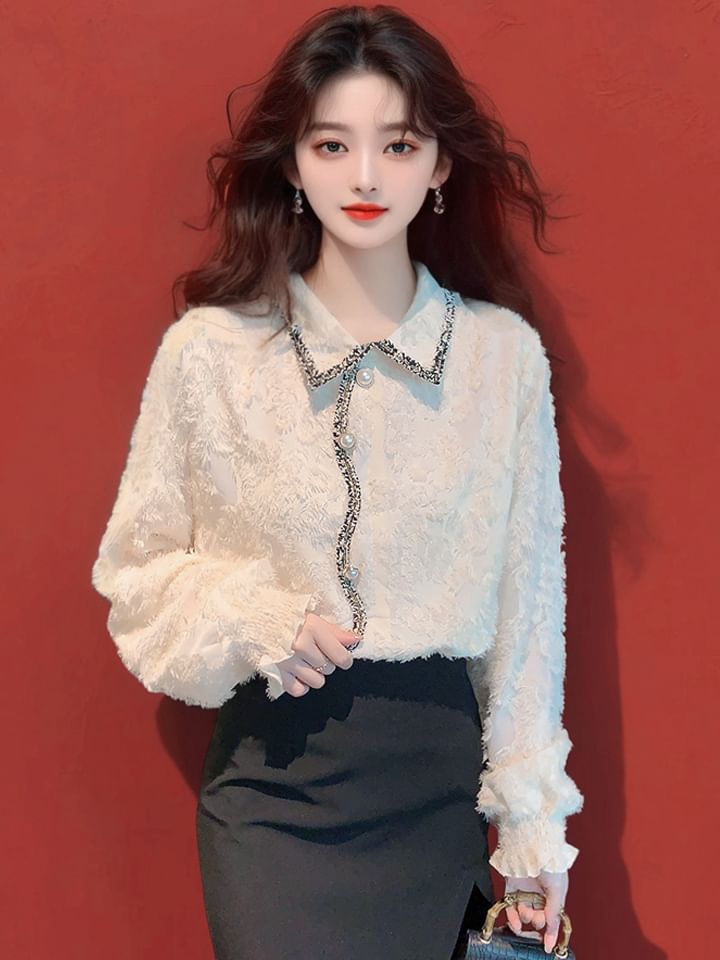Elegant Frilled Lace Long-Sleeve Shirt