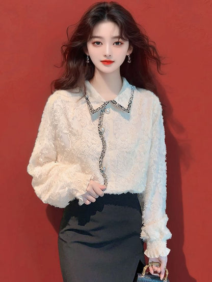 Elegant Frilled Lace Long-Sleeve Shirt