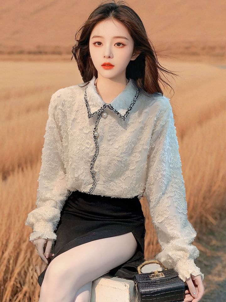 Elegant Frilled Lace Long-Sleeve Shirt