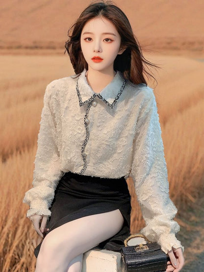 Elegant Frilled Lace Long-Sleeve Shirt