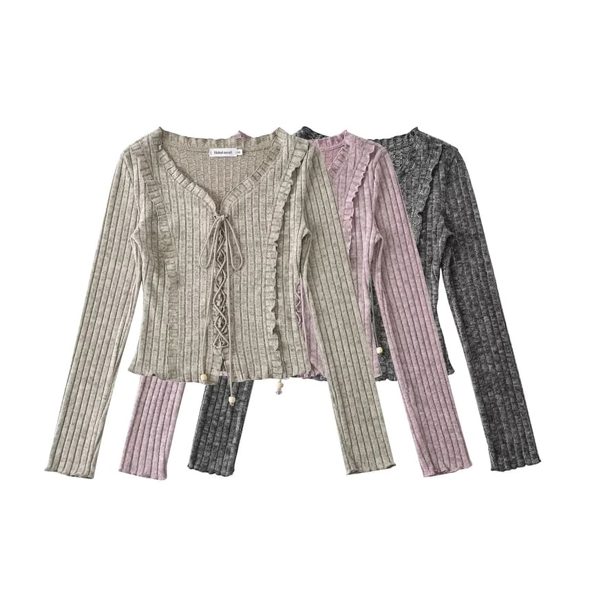 Ribbed V-Neck Lace-Up Cropped Knit with Ruffled Hem