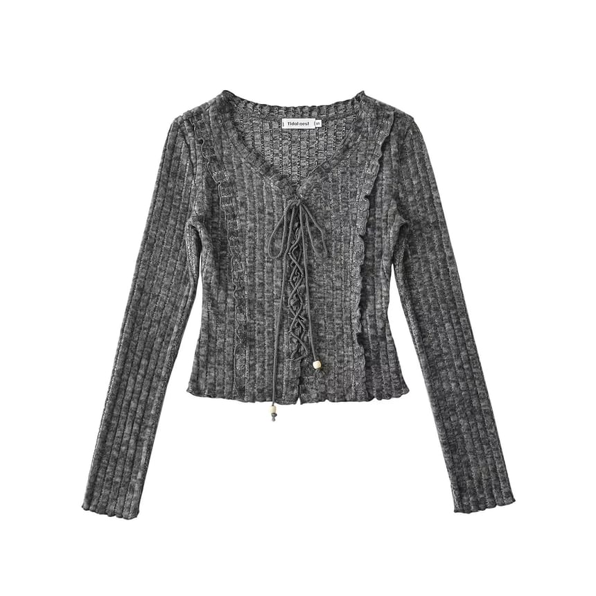Ribbed V-Neck Lace-Up Cropped Knit with Ruffled Hem