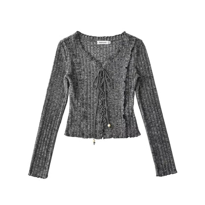 Ribbed V-Neck Lace-Up Cropped Knit with Ruffled Hem