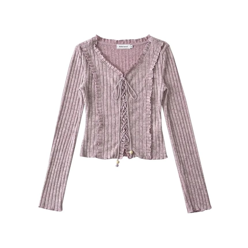 Ribbed V-Neck Lace-Up Cropped Knit with Ruffled Hem
