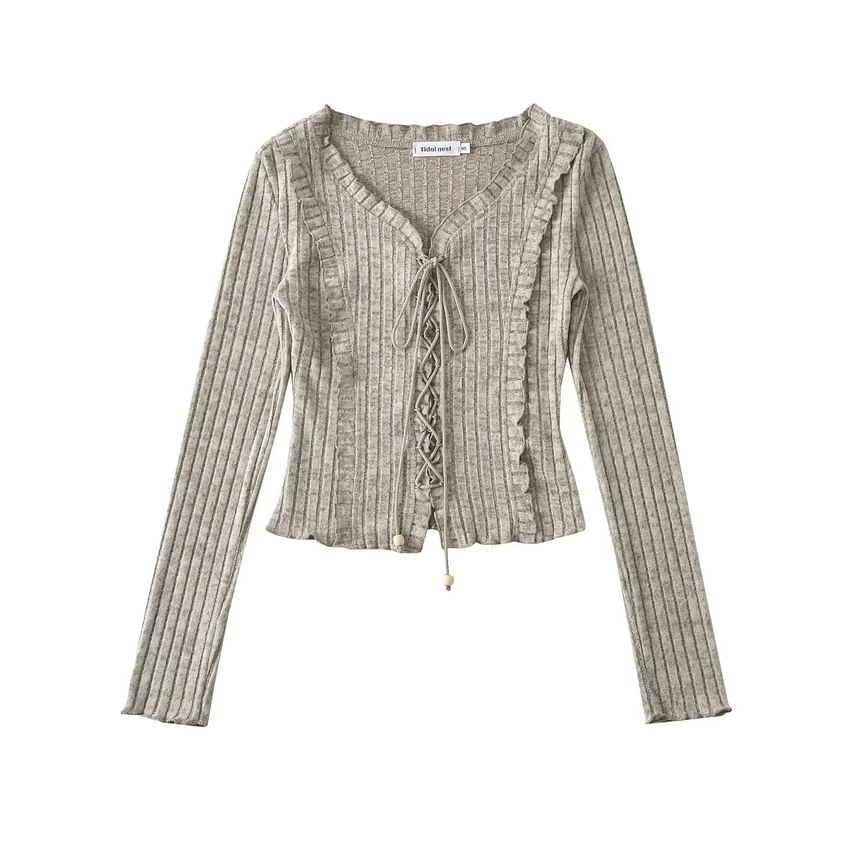 Ribbed V-Neck Lace-Up Cropped Knit with Ruffled Hem