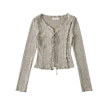 Ribbed V-Neck Lace-Up Cropped Knit with Ruffled Hem