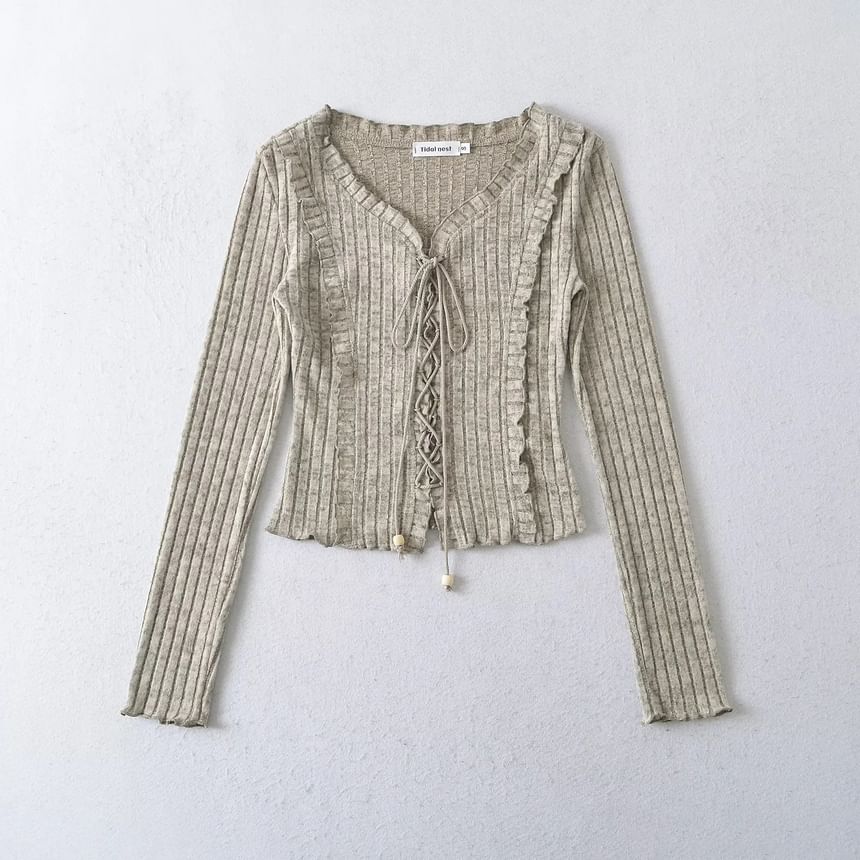 Ribbed V-Neck Lace-Up Cropped Knit with Ruffled Hem