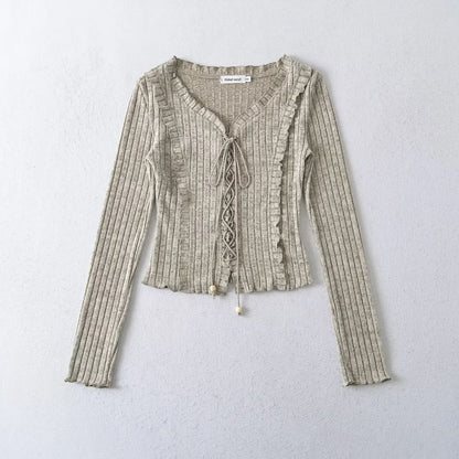 Ribbed V-Neck Lace-Up Cropped Knit with Ruffled Hem