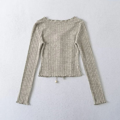 Ribbed V-Neck Lace-Up Cropped Knit with Ruffled Hem