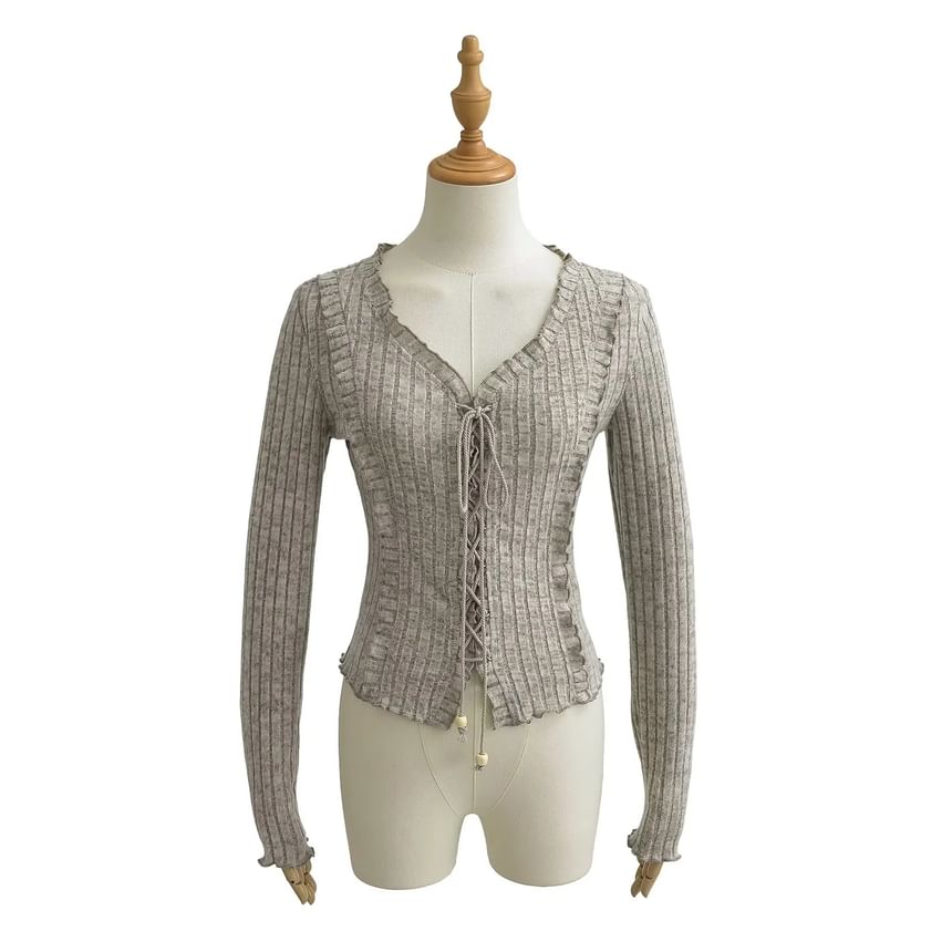 Ribbed V-Neck Lace-Up Cropped Knit with Ruffled Hem