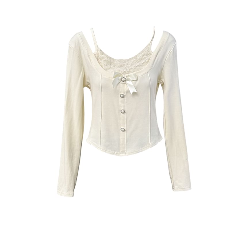 Mock Two-Piece Lace Insert Cropped Tee