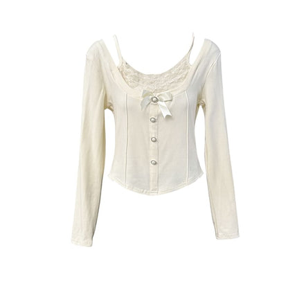 Mock Two-Piece Lace Insert Cropped Tee
