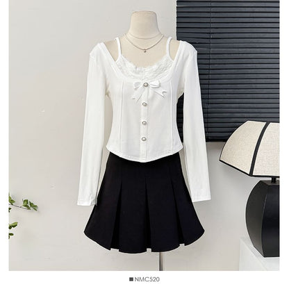 Mock Two-Piece Lace Insert Cropped Tee