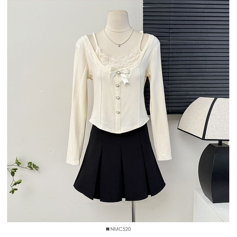 Mock Two-Piece Lace Insert Cropped Tee