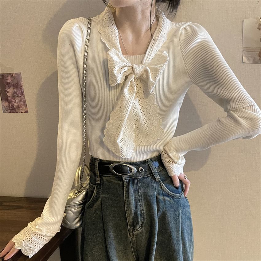 Ribbed Knit Tie-Neck Lace-Trim Sweater