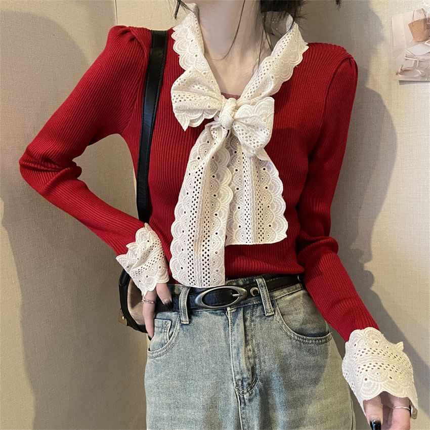 Ribbed Knit Tie-Neck Lace-Trim Sweater