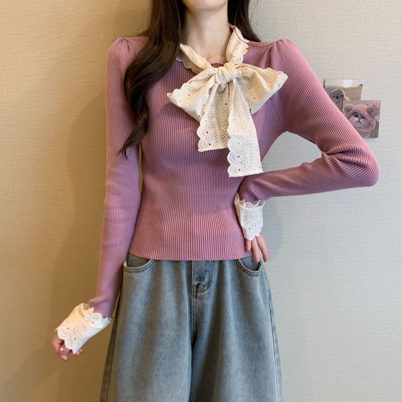 Ribbed Knit Tie-Neck Lace-Trim Sweater
